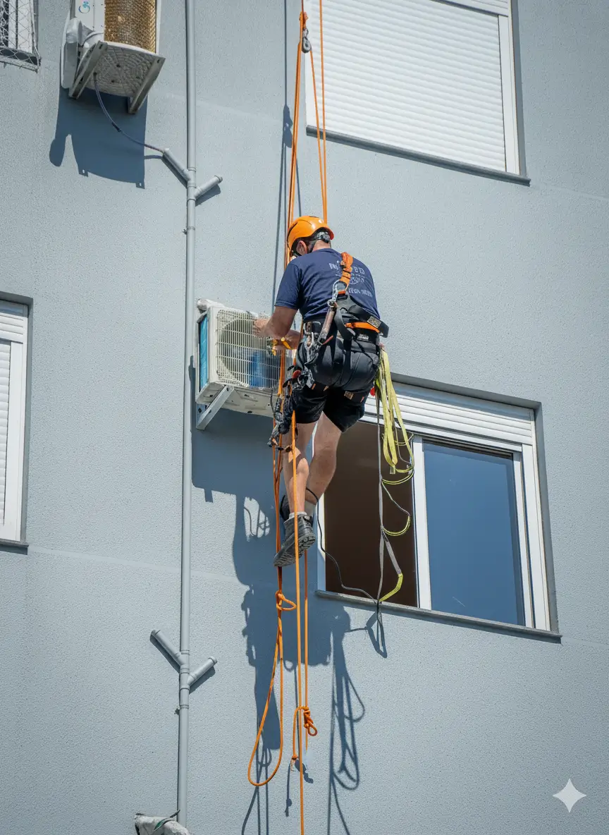 rapel manutenção de ar condicionado pendurado em predio